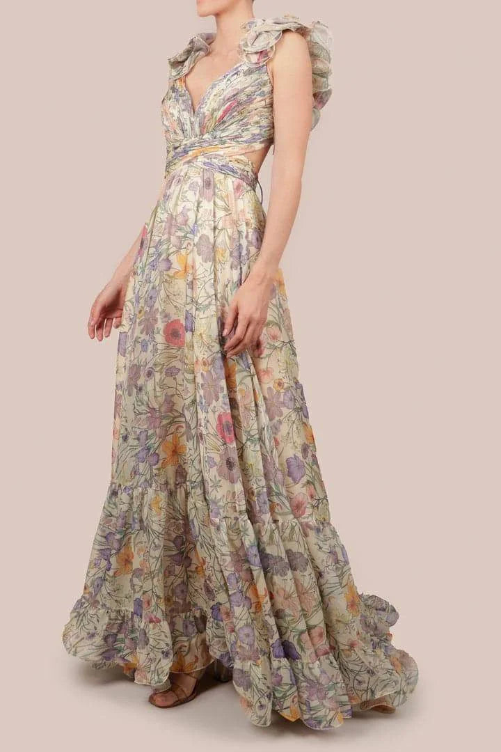 "Floral chiffon dress with ruffled sleeves, light and airy design perfect for a casual or formal look."