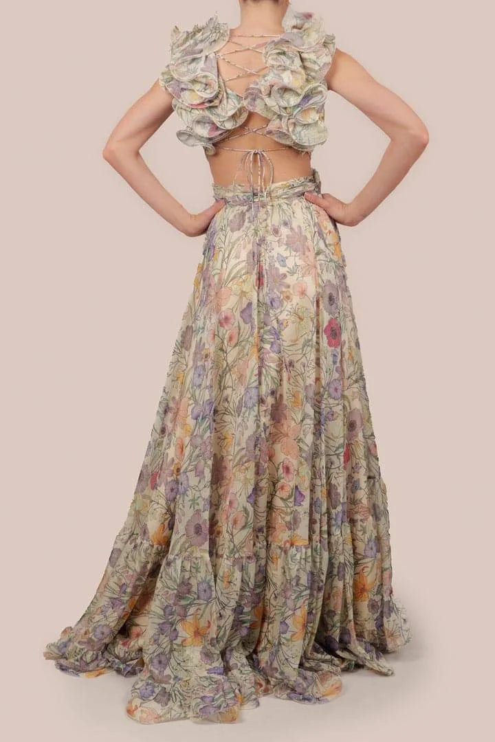 "Floral chiffon dress with ruffled sleeves in elegant design, perfect for a chic and feminine look."