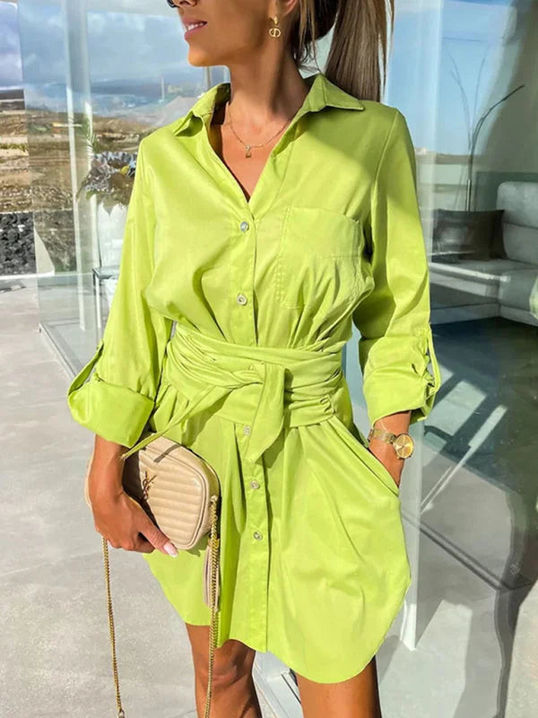 Green yellow Adelyne shirt dress with belt: stylish adjustable sleeves, made with breathable fabric, perfect for a casual…