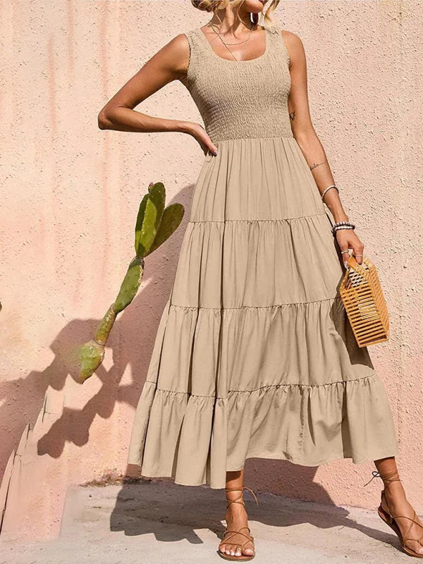 Khaki sleeveless tiered maxi dress by Ainslee. Flowy and comfortable with relaxed fit perfect for summer days.