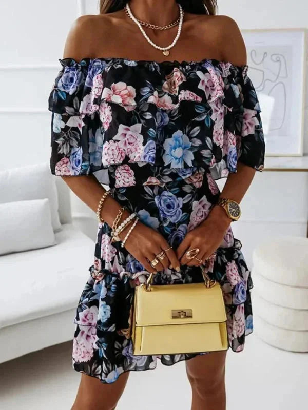 "Alaiyah women's floral dress with tiered skirt, featuring a lightweight flowy fabric and charming floral print design."