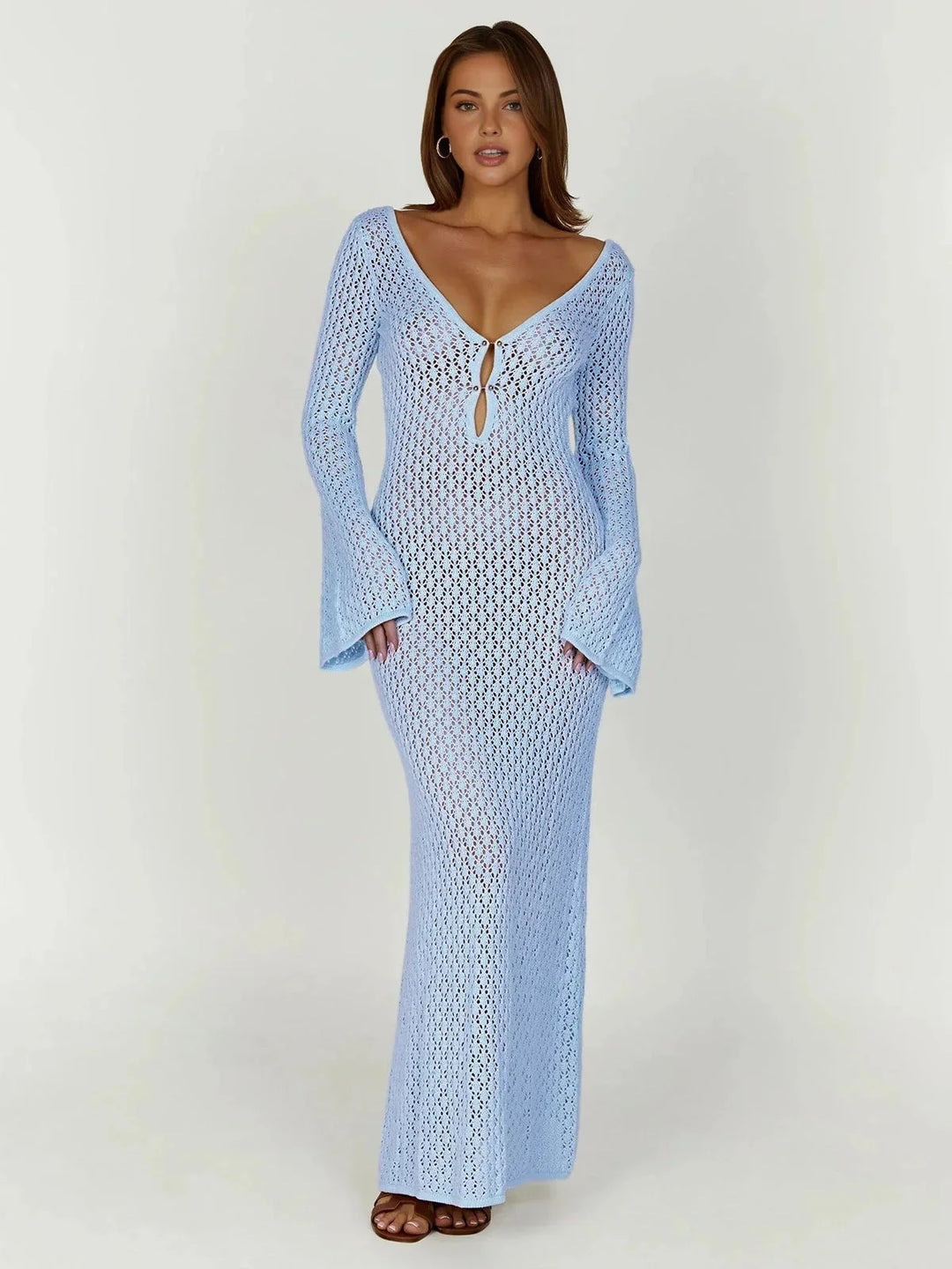 Light Blue women's fitted knit dress with tie-front, featuring a soft and comfortable fabric with a stylish design.