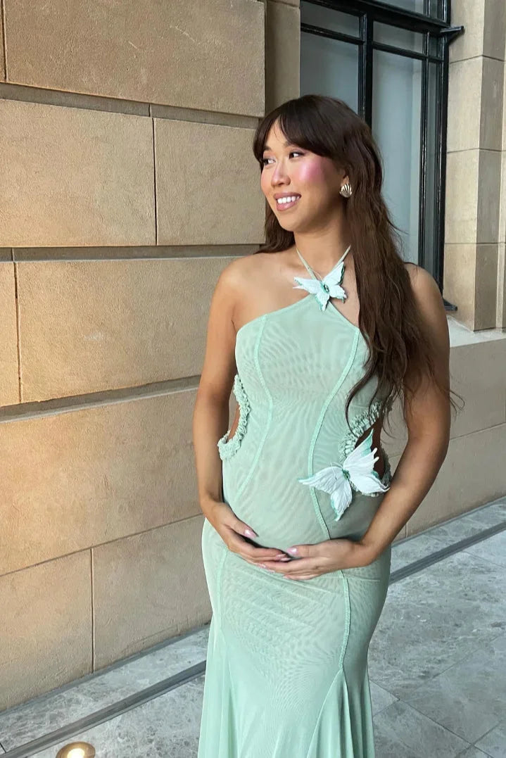 Alyson women's mint maxi dress with halter neckline, mermaid fit, and intricate lace detailing for a stylish and elegant…
