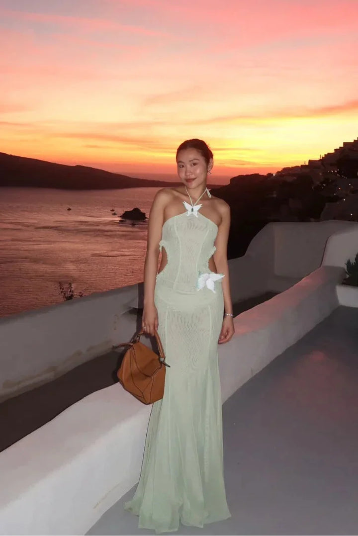 Mint halter maxi dress for women with a mermaid fit, ideal for special occasions, crafted with high-quality fabric.