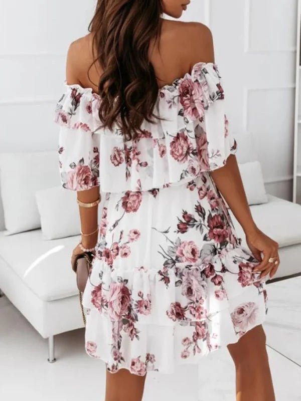 Floral off-shoulder ruffled dress featuring elegant design with soft and lightweight fabric, perfect for a stylish summer…