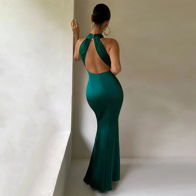 "Satin halter neck evening dress in Amore style, featuring a sleek and elegant design for formal occasions."