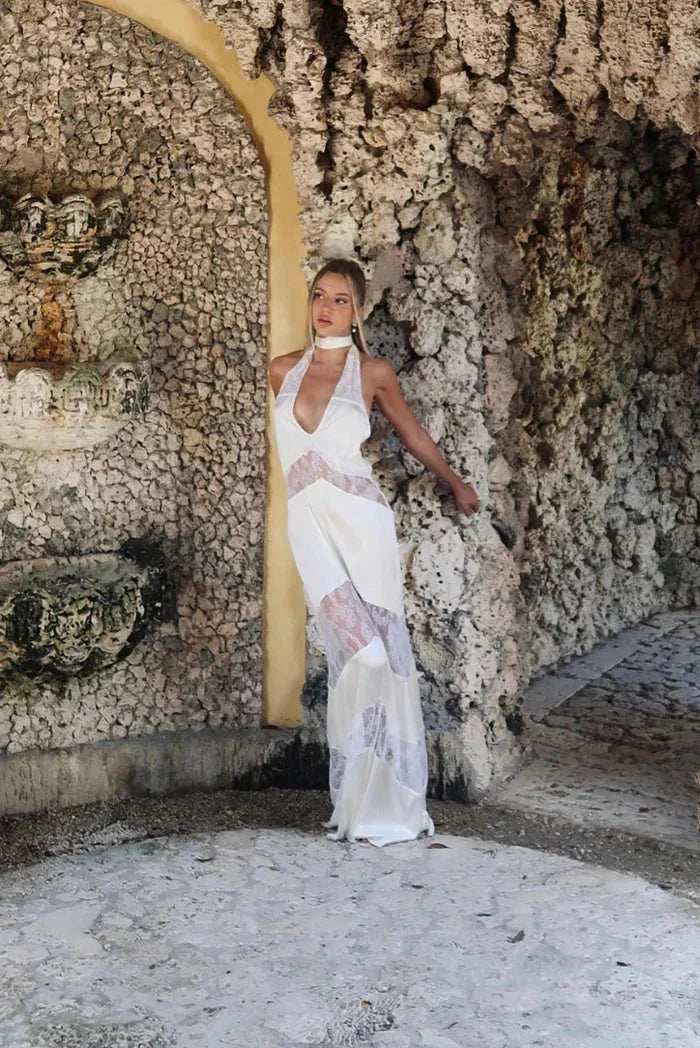 "Anabelle women's halter dress with lace accents, perfect for an elegant look with a stylish design and feminine touch."