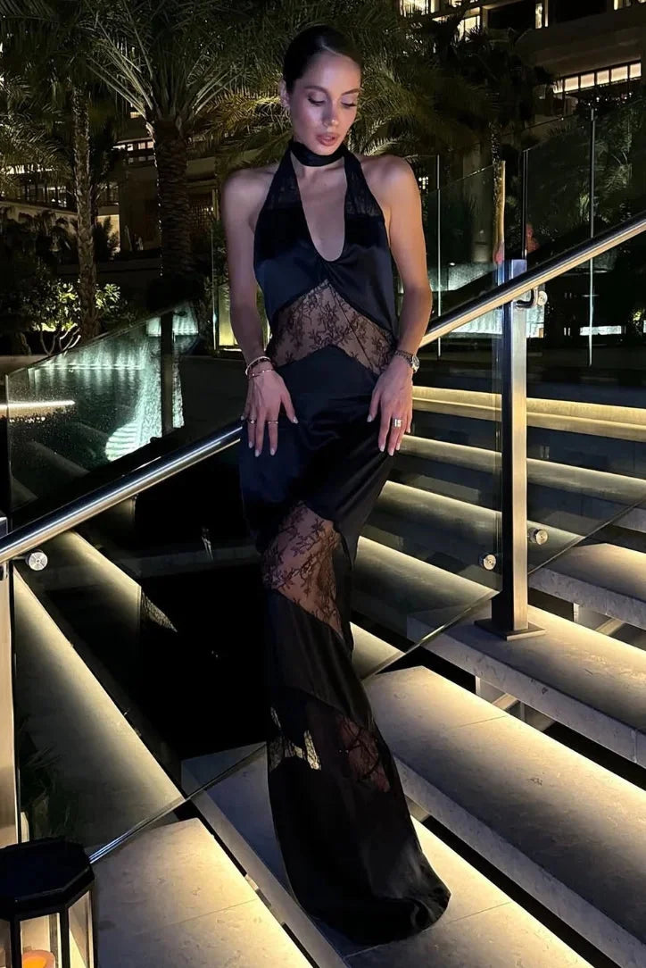 Women's halter dress with lace accents in a chic and elegant design, perfect for a stylish and sophisticated look.