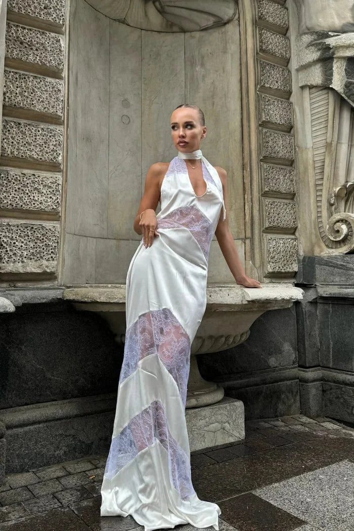 White halter dress with lace accents for women, perfect for a chic and elegant look.