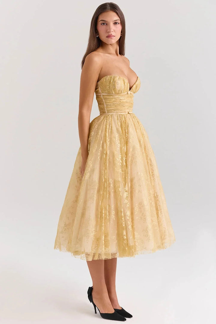 Strapless golden floral dress for women designed with angelica pattern, perfect for special occasions.
