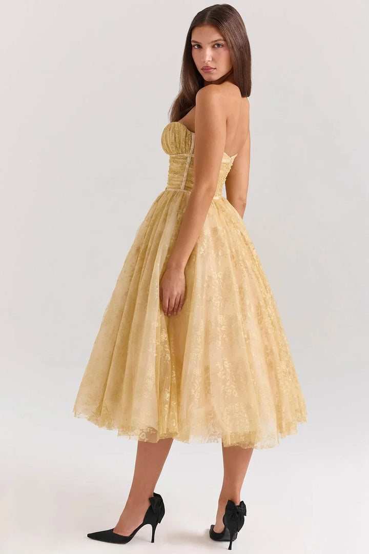 Strapless golden floral dress for women with a graceful Angelica design, ideal for special occasions.