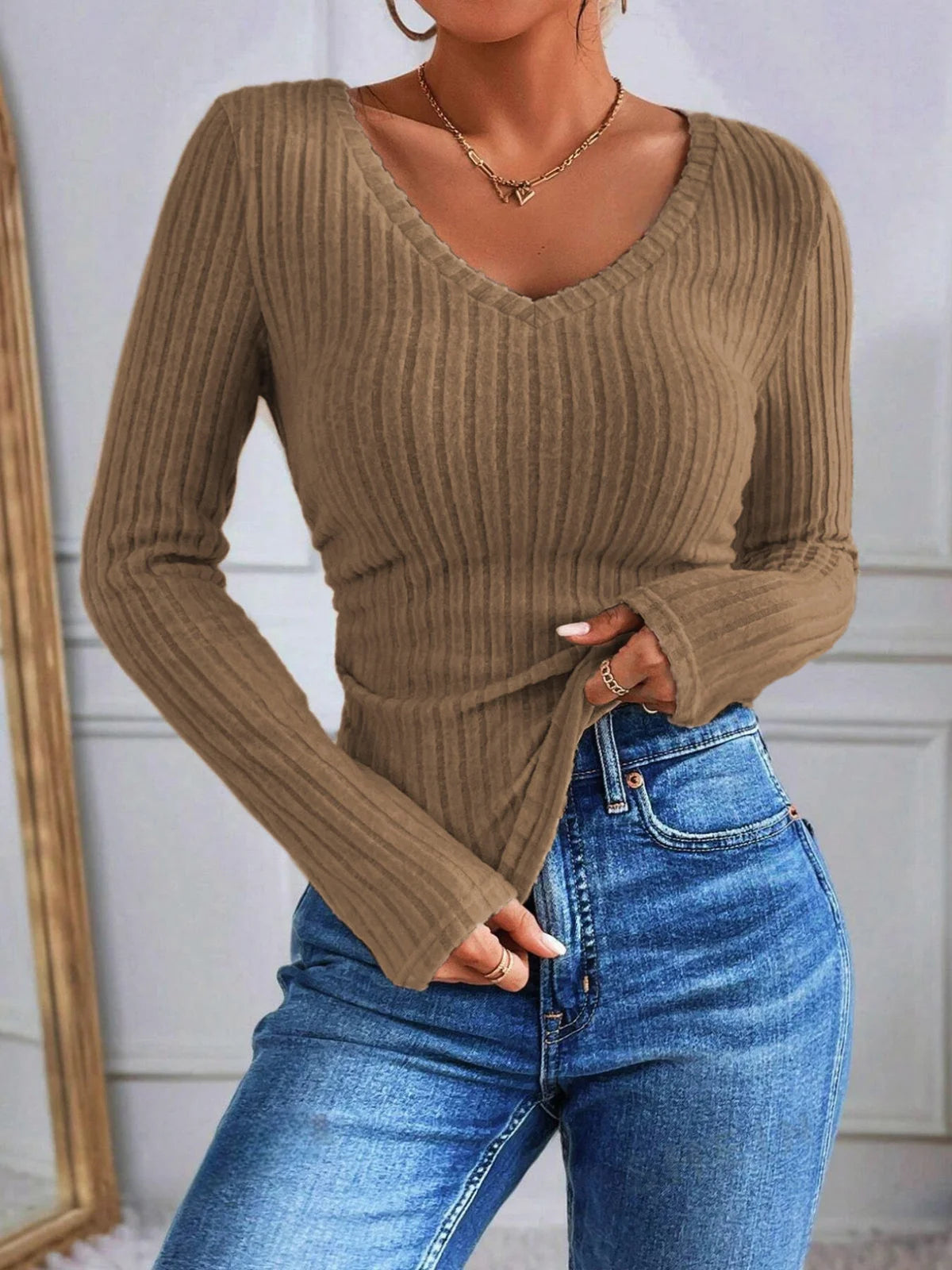 Angely soft ribbed long-sleeve V-neck pullover in brown, featuring a cozy and stylish design perfect for everyday wear.