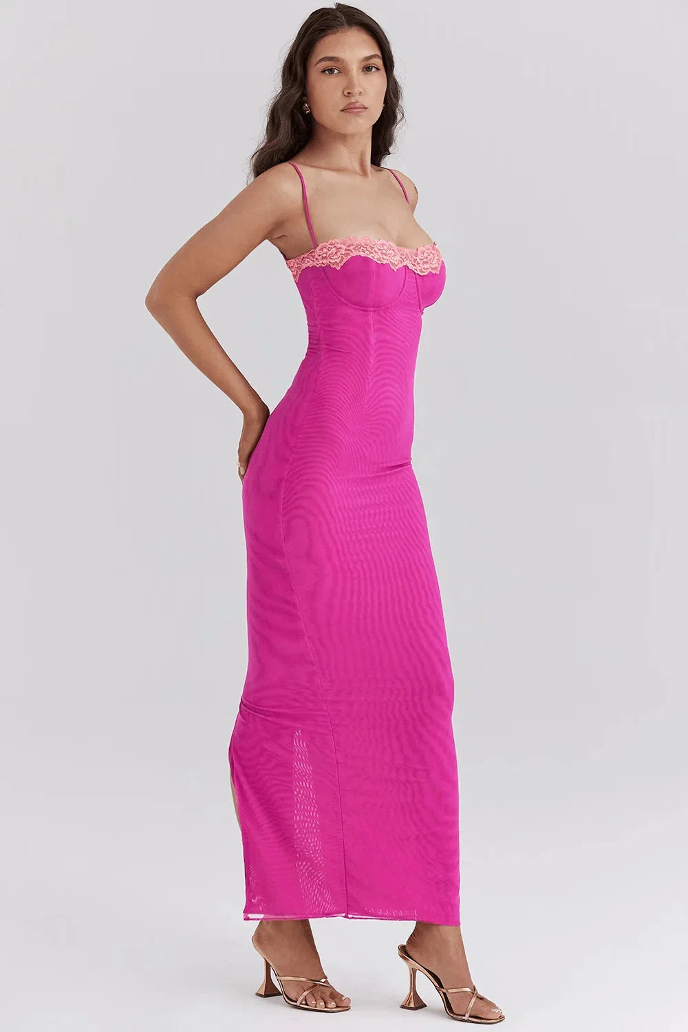 "Black fitted midi dress with lace top for women, perfect for cocktail parties or nights out."