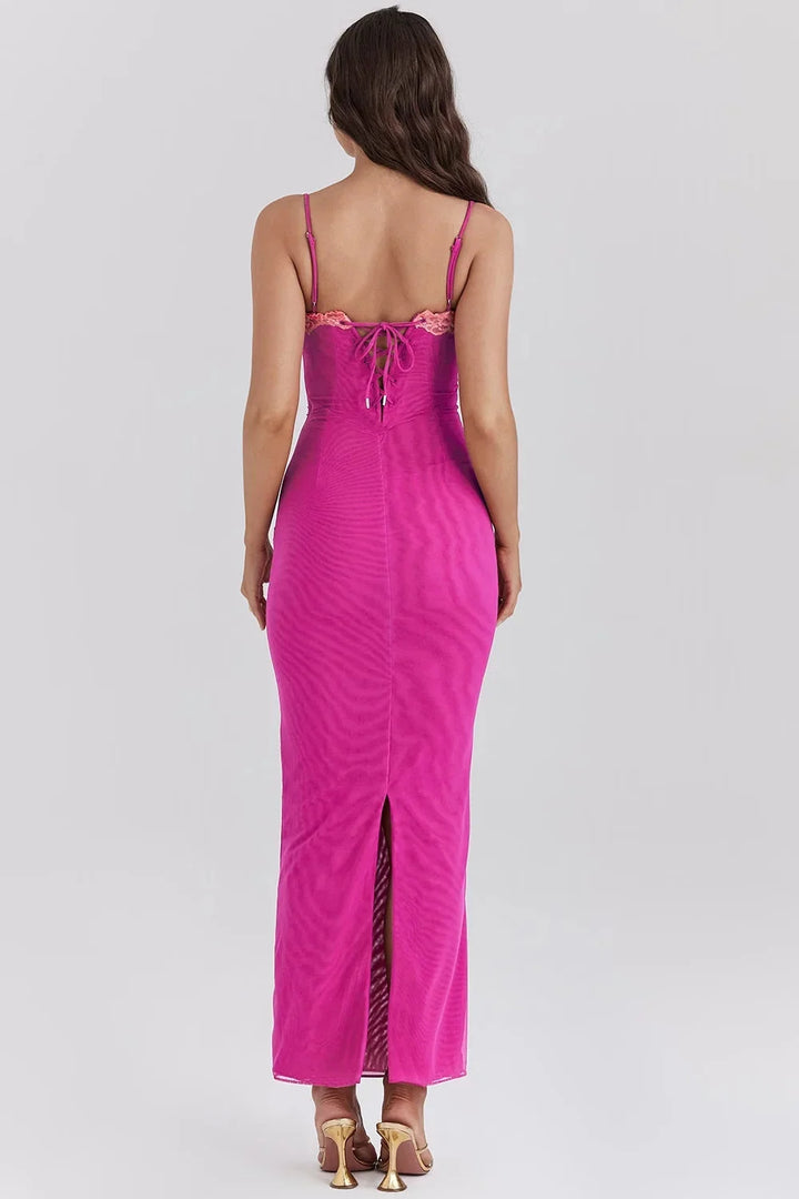 "Navy blue fitted midi dress featuring a delicate lace top, perfect for a sophisticated look at any event."