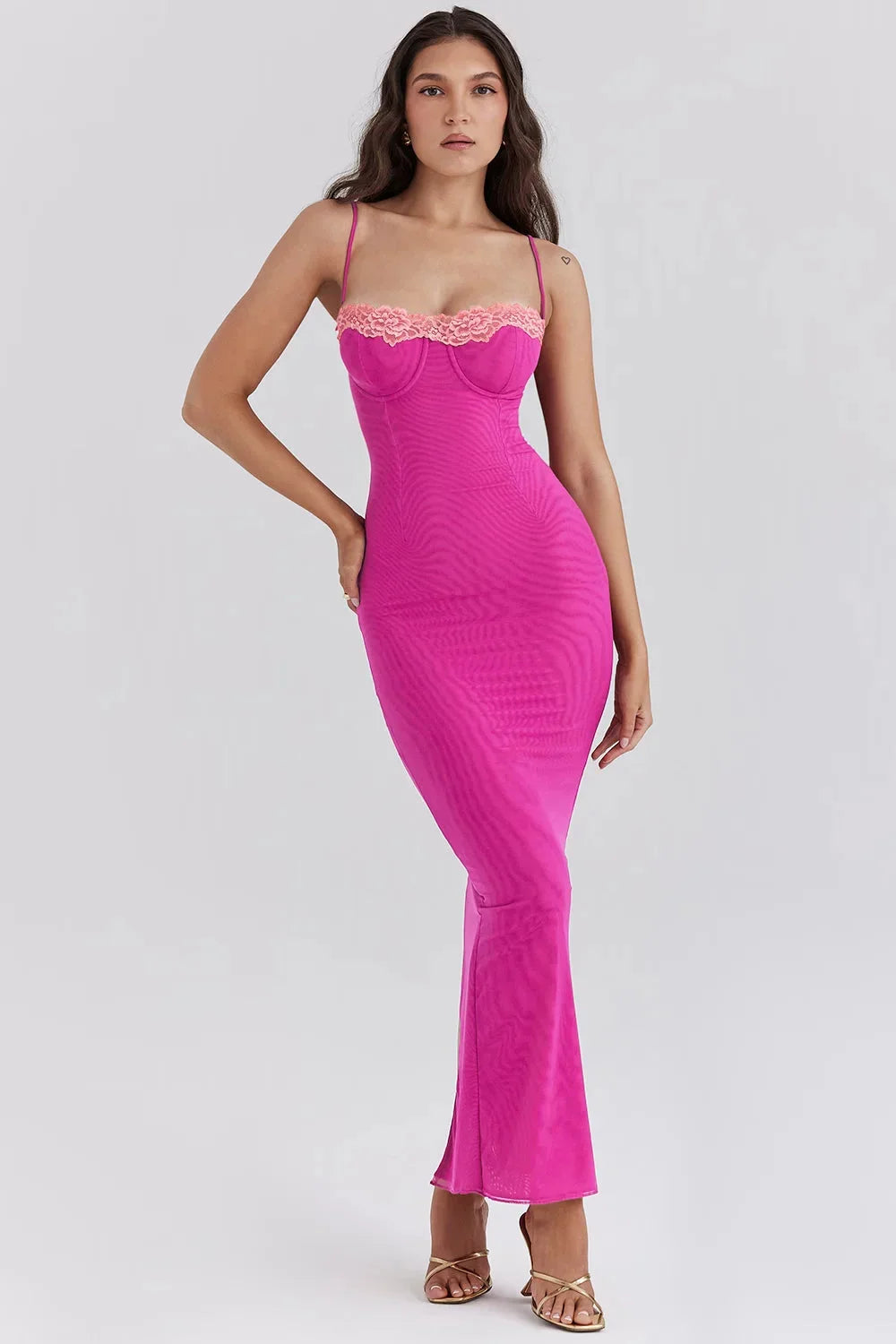 Pink lace top fitted midi dress for women by Arlee. Elegant design with intricate lace detailing. Subtle and feminine style.