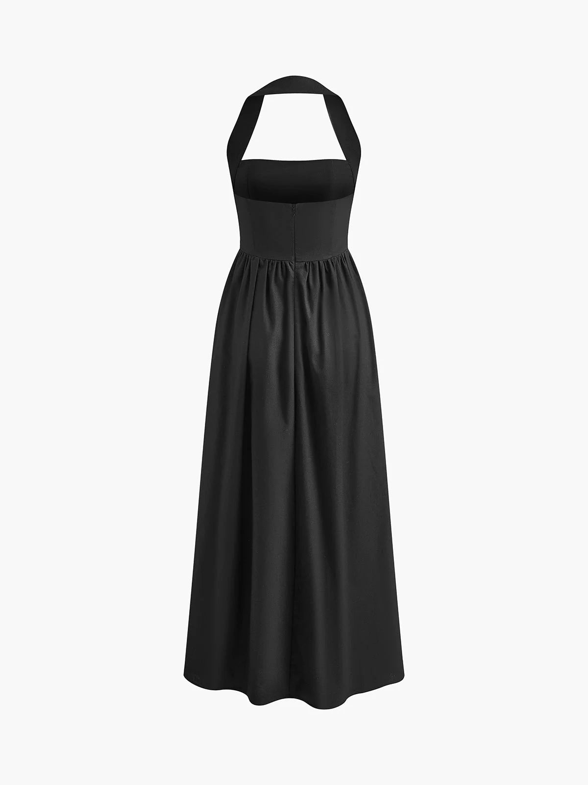 Navy blue A-line maxi dress with halter neck and flowy design, perfect for a casual day out.