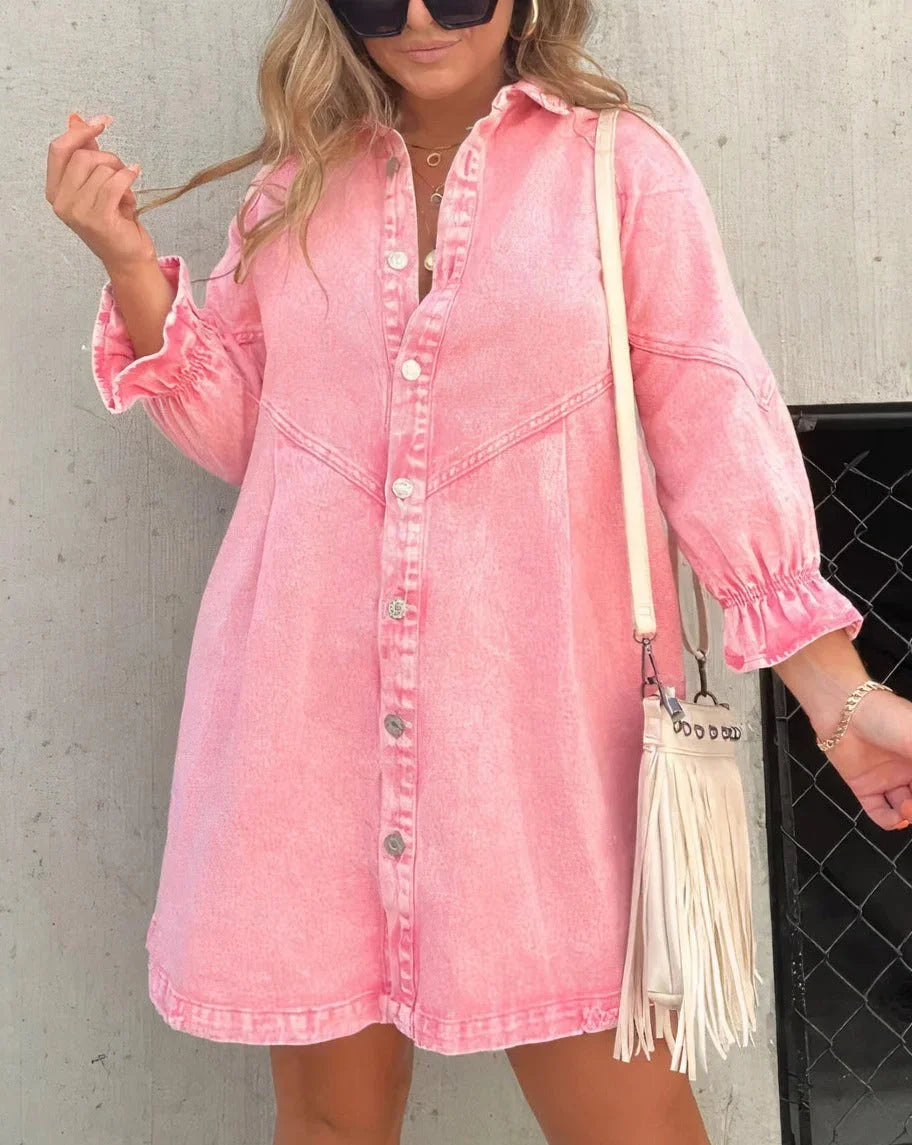 Pink Women's casual mini shirt dress with pockets, made of soft cotton blend. With a relaxed fit and functional pockets for…