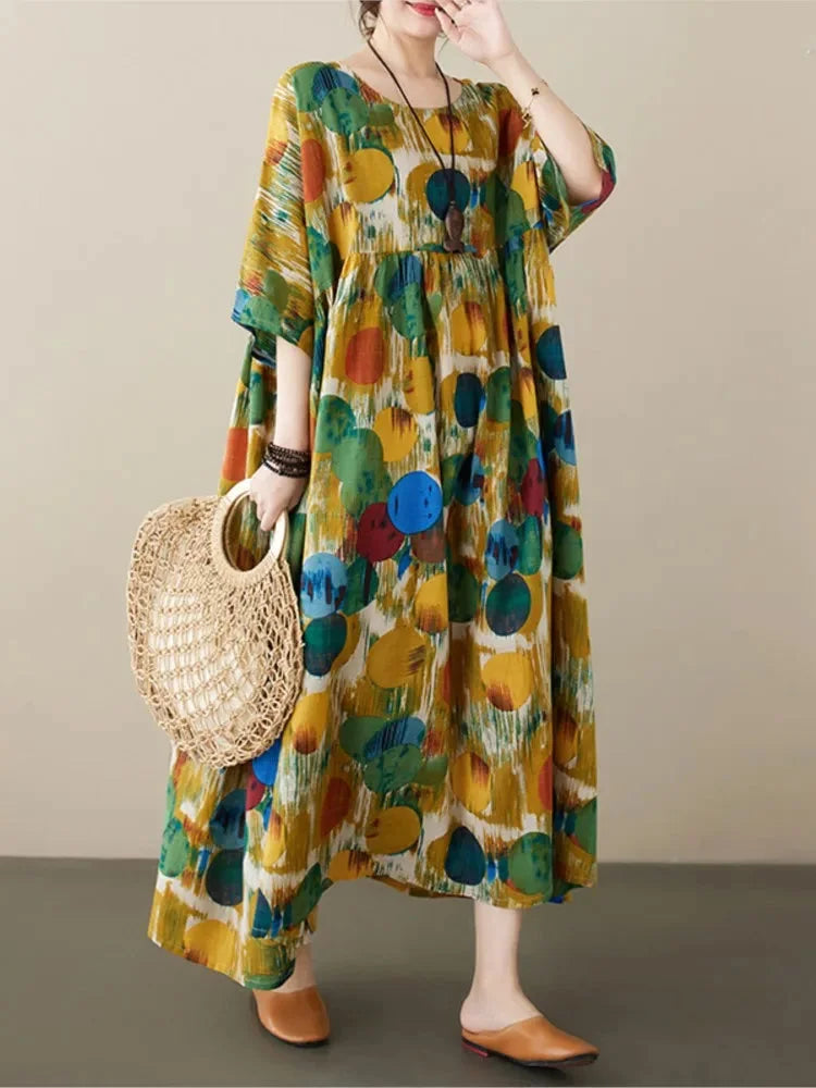 Boho style maxi dress with vibrant colorful prints, ideal for a free-spirited look.