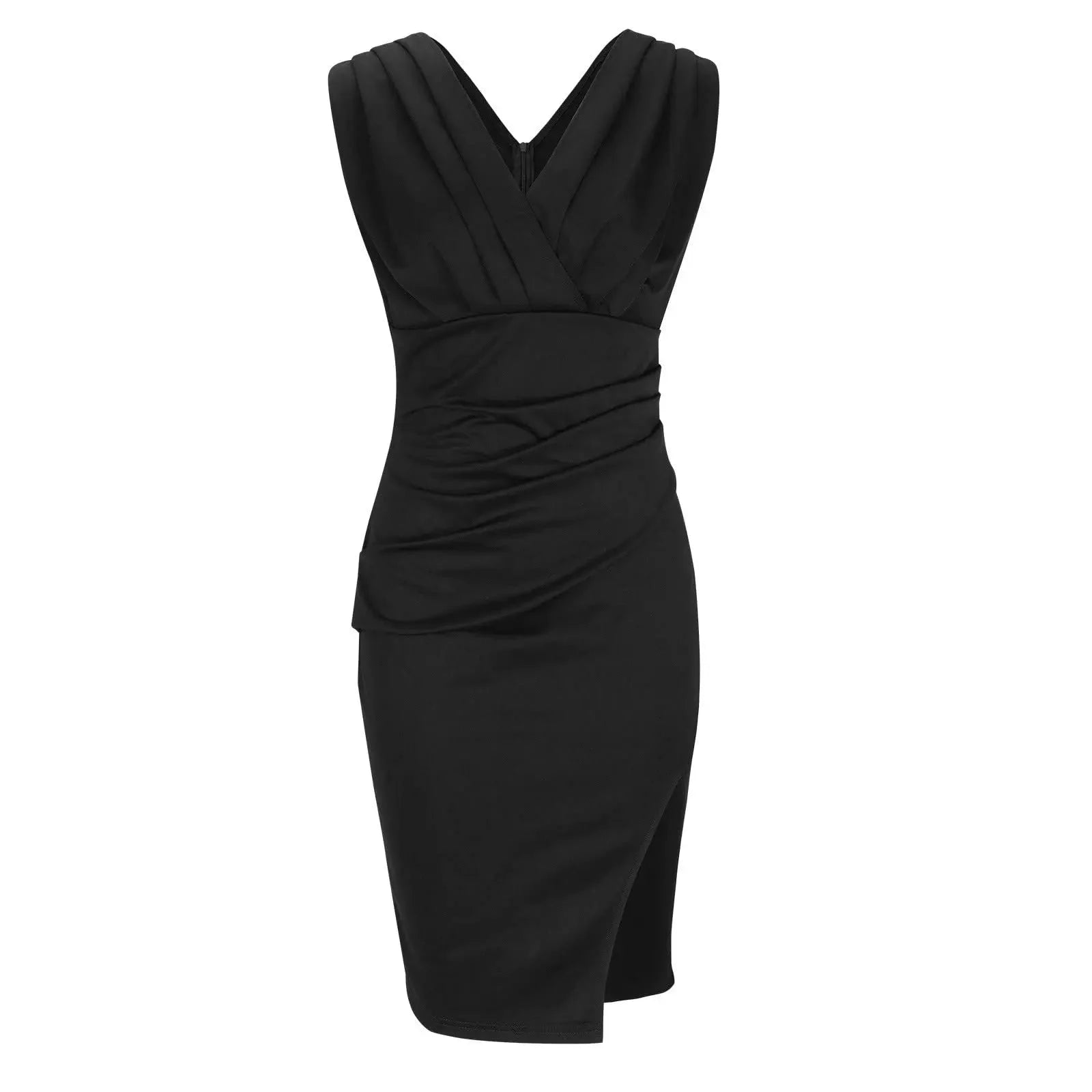 "Ayani - V-neck dress in black, knee-length, side slit, sleeveless, perfect for cocktail parties"