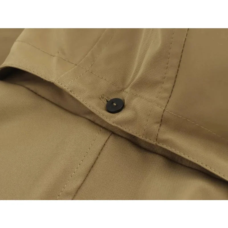 "Khaki jacket with adjustable drawstring for a comfortable fit, perfect for casual outings and everyday wear."