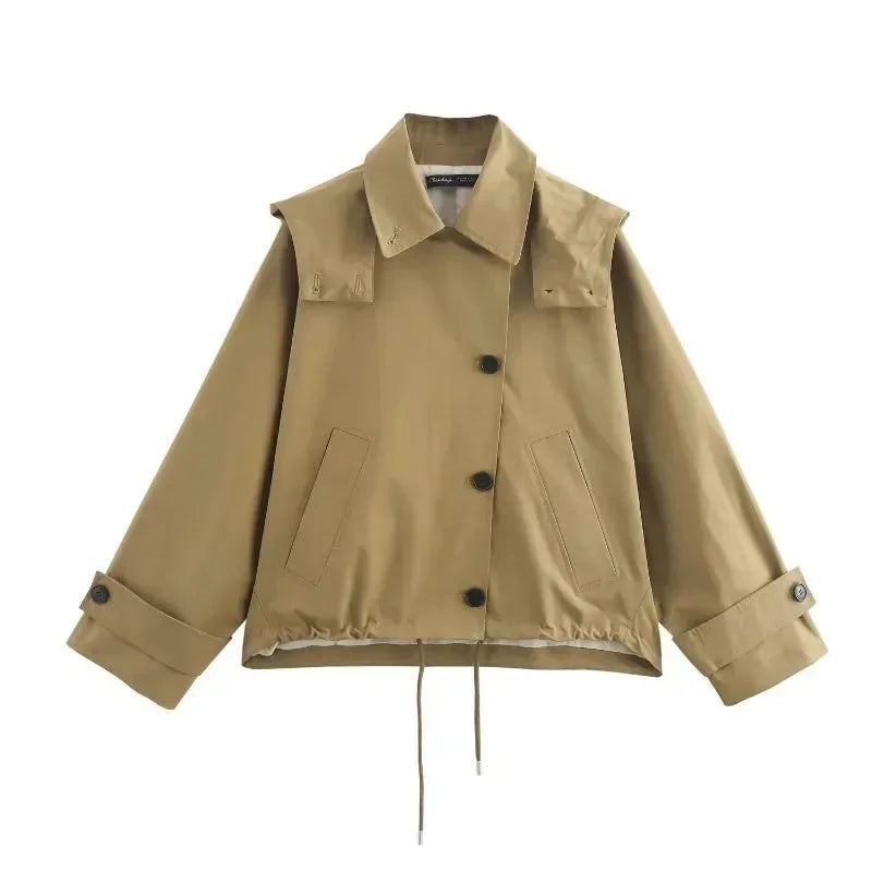 "Khaki jacket with adjustable drawstring, perfect for everyday styling. Features a versatile design for casual looks."