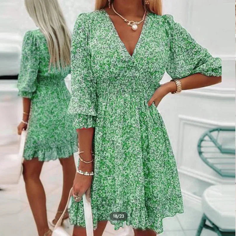 Green V-neck floral Boho dress made of soft cotton blend fabric. Features airy design perfect for a casual day out or a…