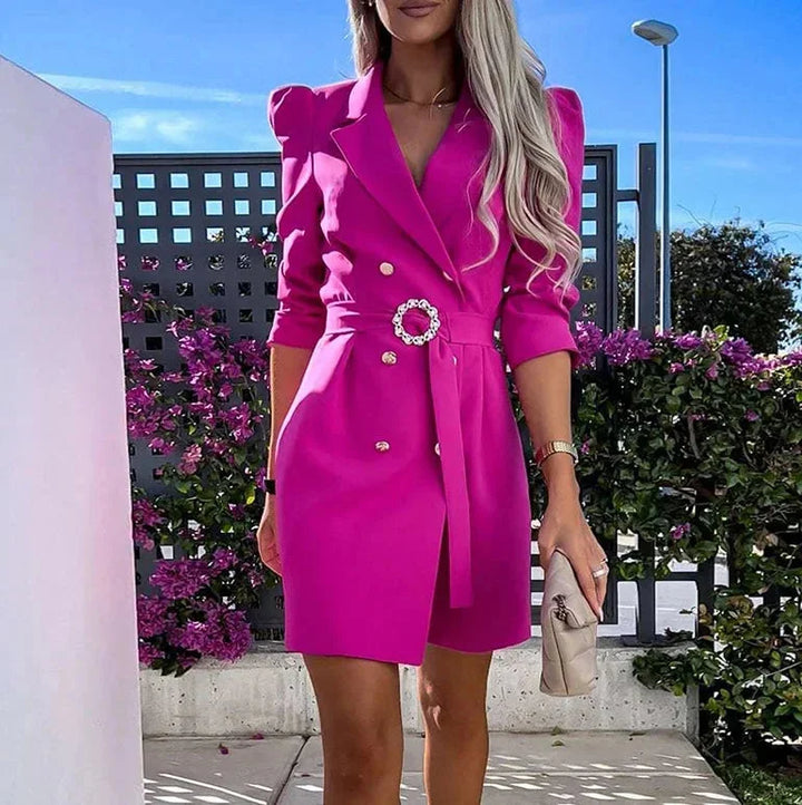 Feminine fuchsia double-breasted dress for women with belt, crafted from soft and breathable fabric, perfect for stylish…
