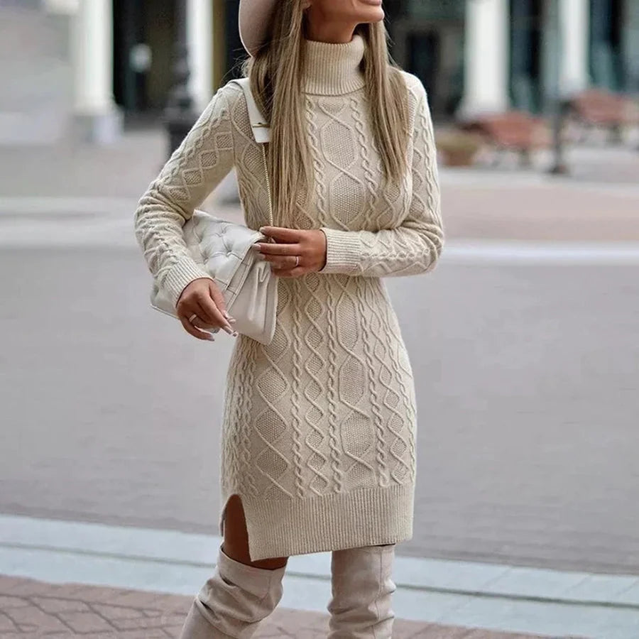 Sleeveless knit dress, perfect for chilly days. Features cozy design made of soft knitted fabric for warmth and comfort.