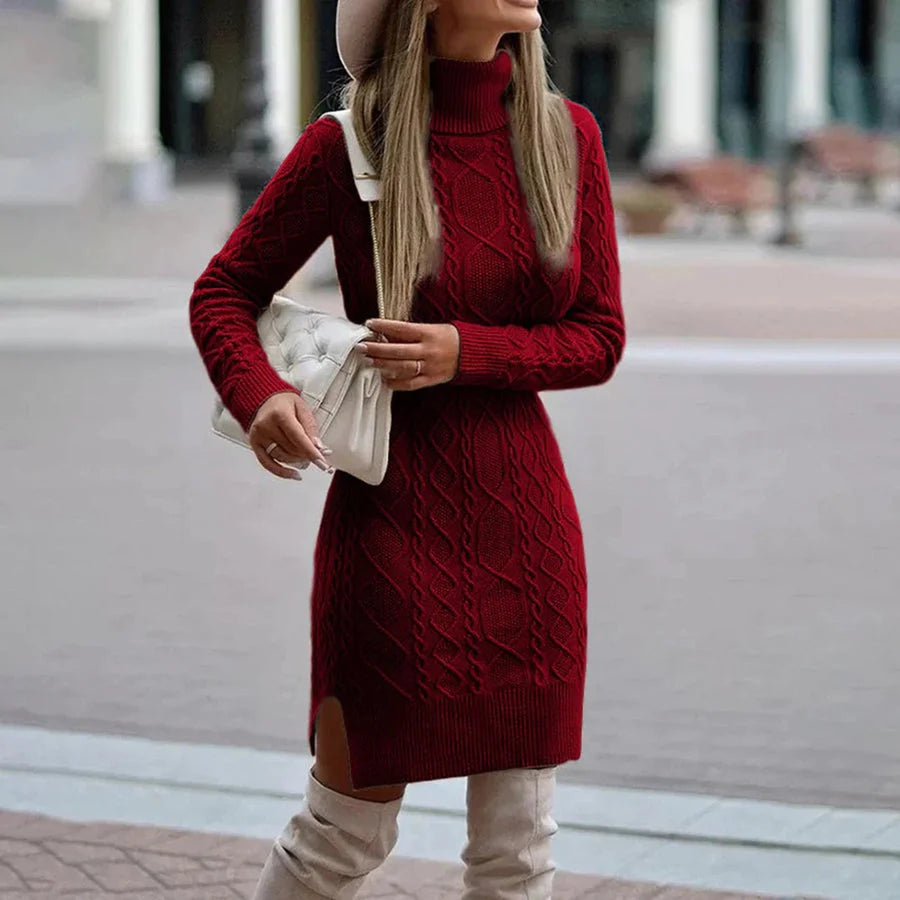 Burgundy sleeveless knit dress with cozy design for chilly days.