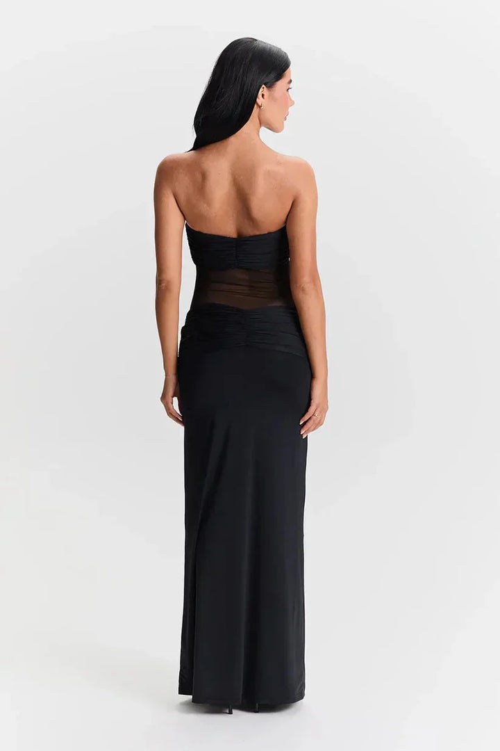 "Strapless maxi dress for women with sheer detailing, ideal for casual or formal occasions."