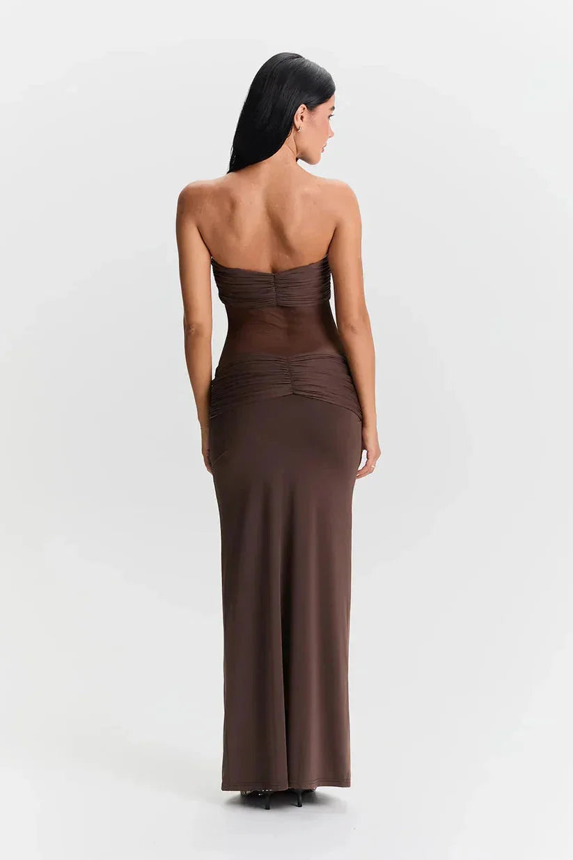 "Elegant strapless maxi dress for women with sheer detailing, perfect for formal occasions or special events."