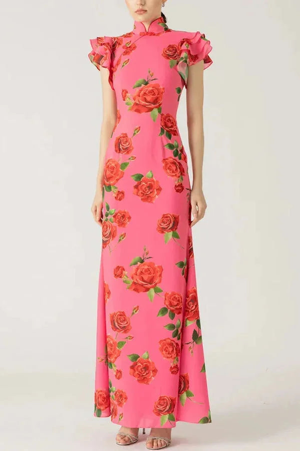 Pink floral print maxi dress featuring a high neckline and ruffled sleeves, perfect for a feminine and chic look.