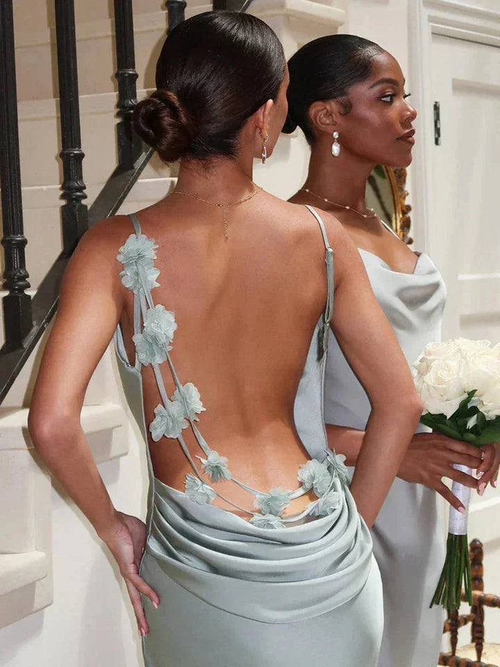 Pale green maxi dress for women with open back showcasing exquisite design and breathable fabric.