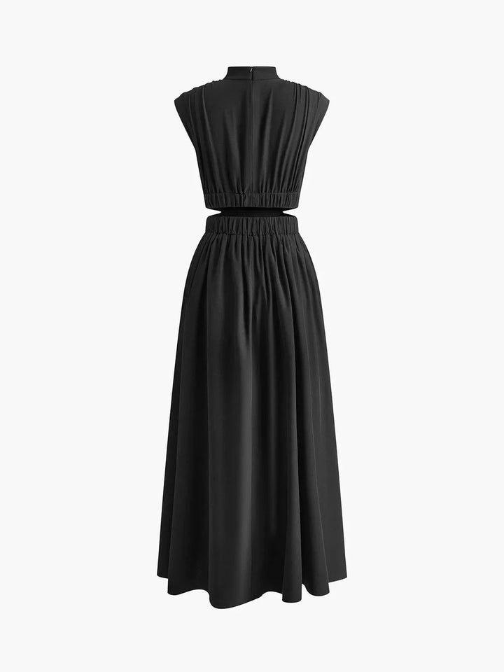 Sleek black sleeveless dress with mock neck and side cutouts by Cristel, perfect for a night out.