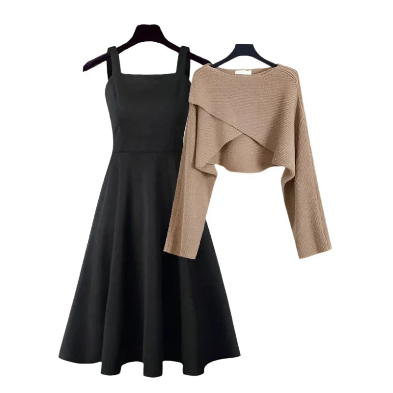 "Two-piece outfit with flared dress in soft rose tones and fitted knit sweater in matching ribbed texture."