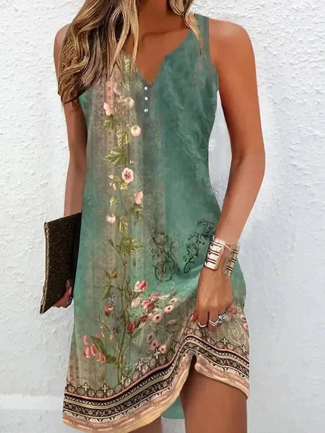 "Women's sleeveless V-neck floral boho dress in Floral, featuring a lightweight fabric with a beautiful floral pattern for a…