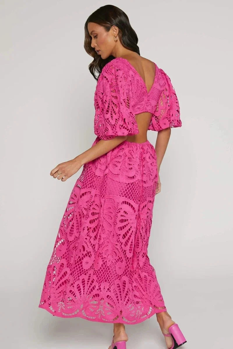 Black lace midi dress with flutter sleeves, perfect for formal occasions or a special night out.