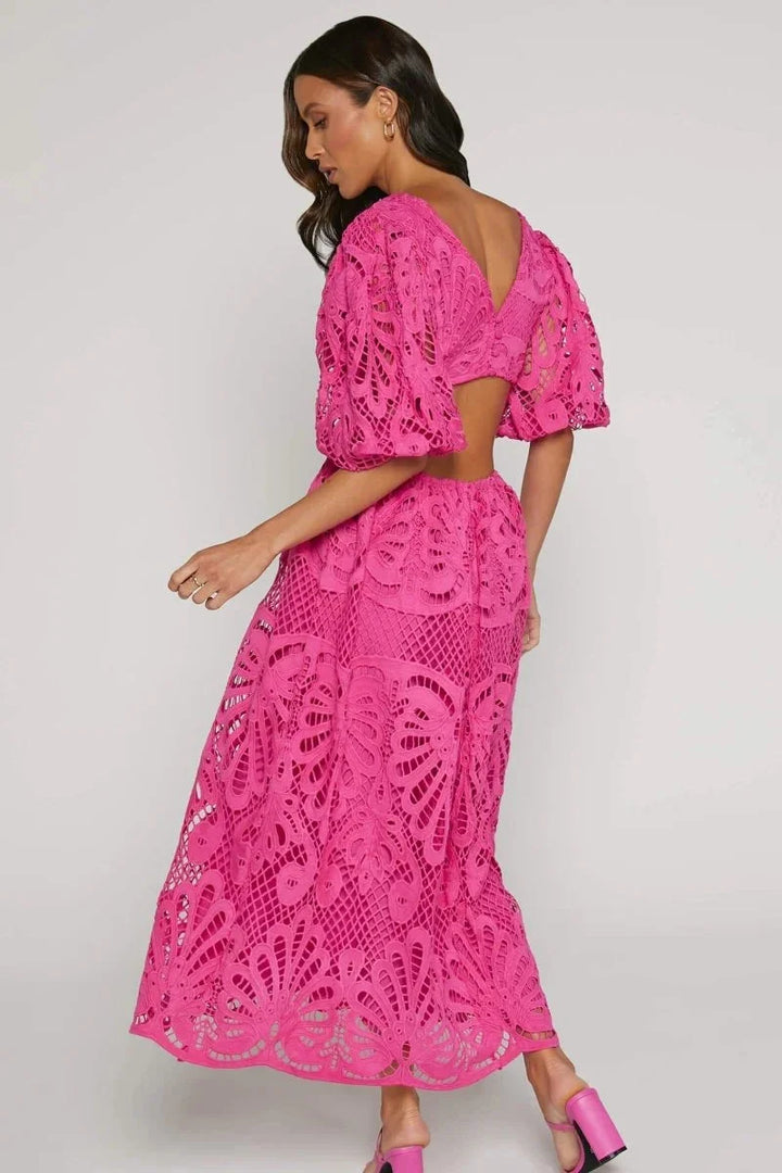 Black lace midi dress with flutter sleeves, perfect for formal occasions or a special night out.
