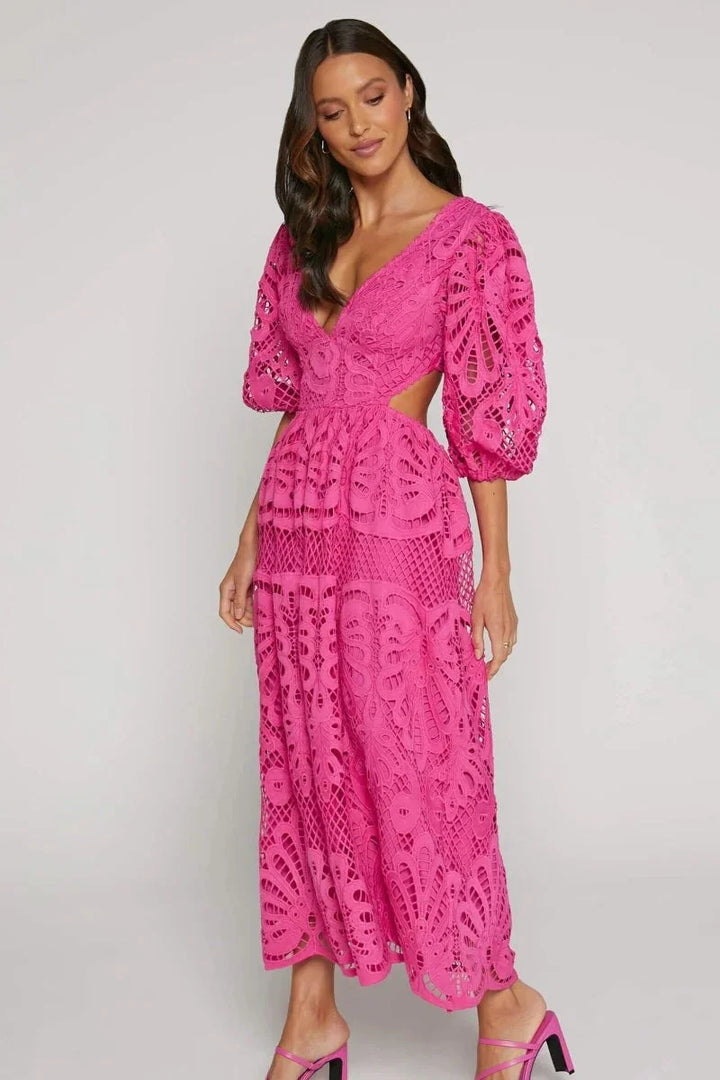 Women's lace midi dress with flutter sleeves in a delicate lace fabric, perfect for a classy and elegant look.