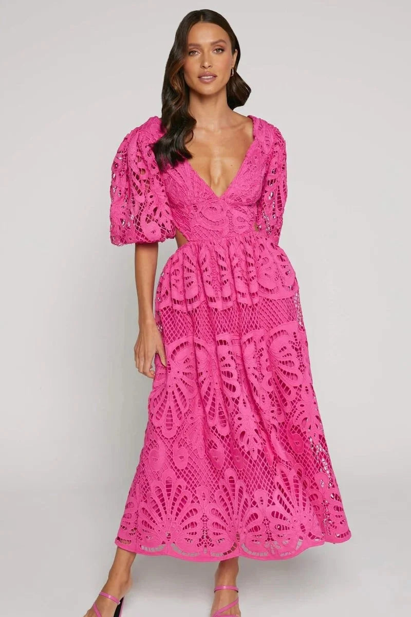 Pink lace midi dress with flutter sleeves for women, elegant and stylish design, perfect for special occasions or everyday…