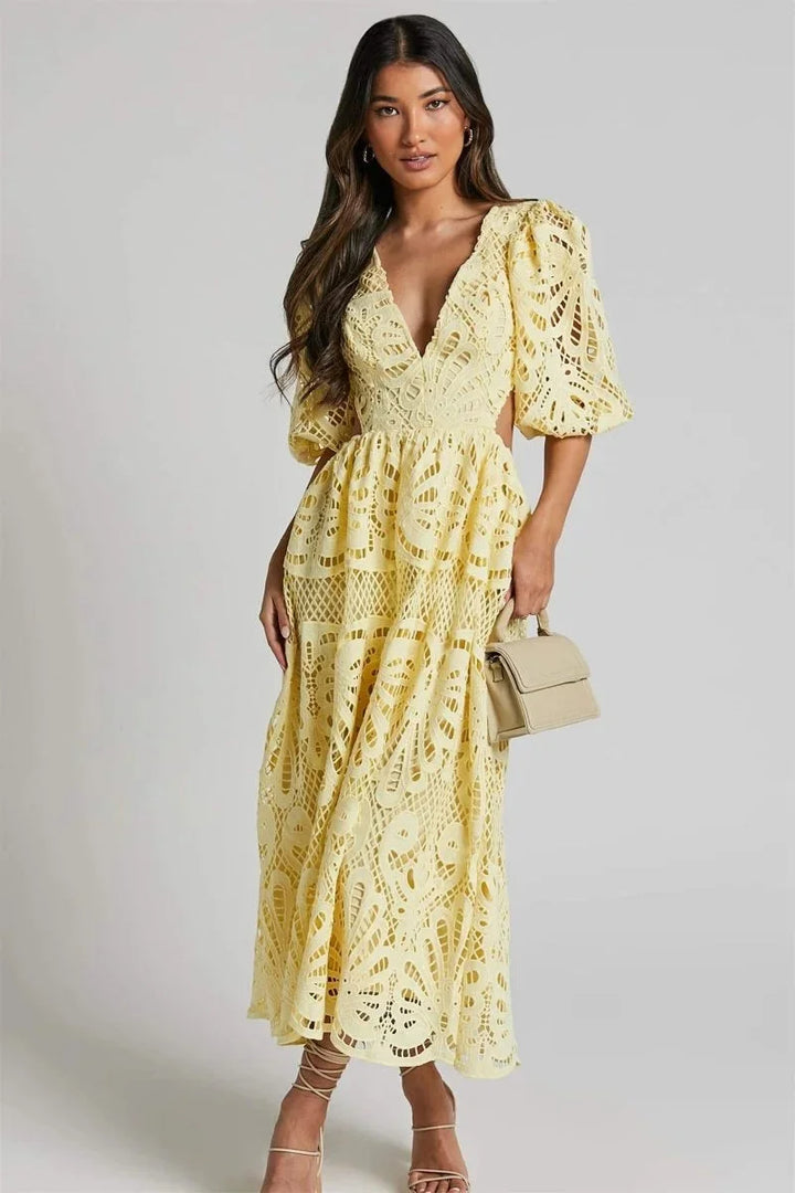Yellow lace midi dress with flutter sleeves for women, perfect for occasions.