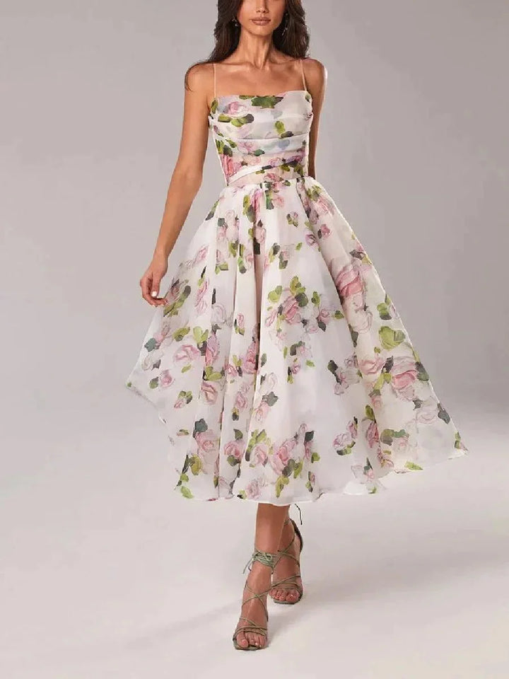 Strapless floral dress with full skirt in elegant Egyptian design, perfect for summertime outings.