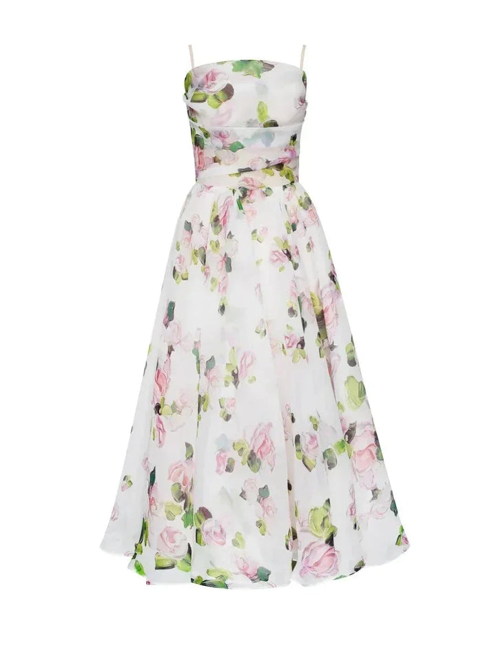 Strapless floral dress with a full skirt in a vibrant Egypt-inspired design, perfect for a summer day out.