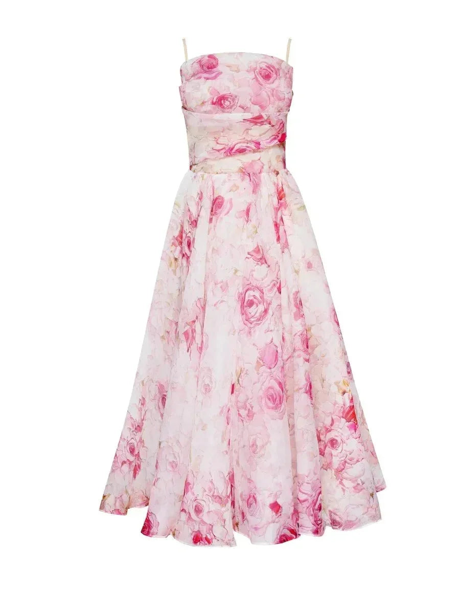 "Strapless floral dress with full skirt in vibrant Egyptian-inspired design, perfect for a summer day out."
