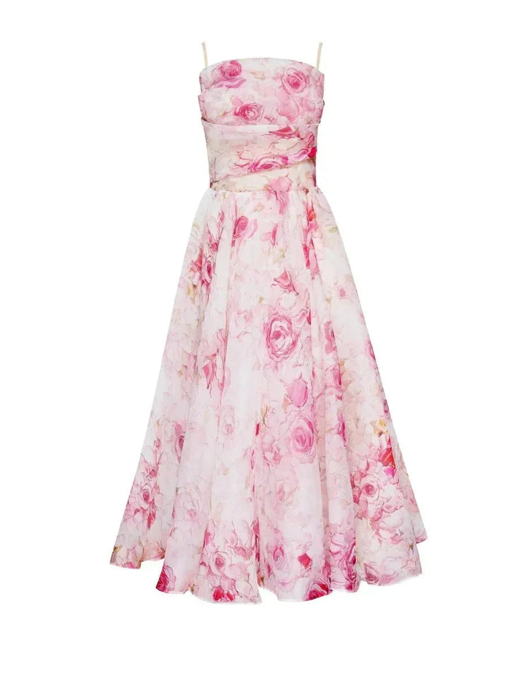 "Strapless floral dress with full skirt in vibrant Egyptian-inspired design, perfect for a summer day out."