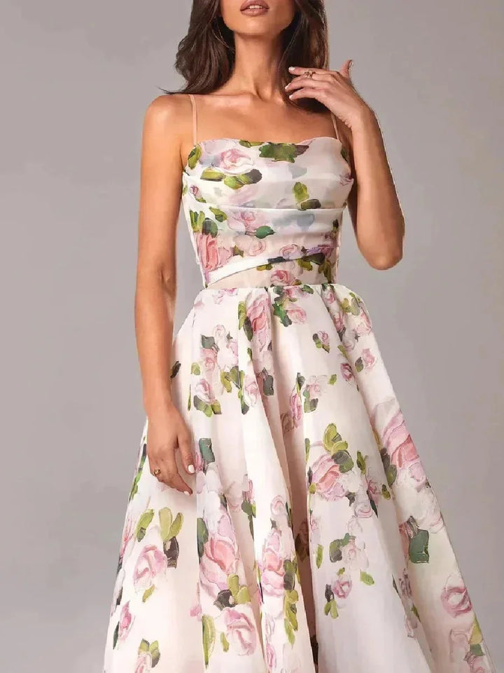 Apricot strapless floral dress with full skirt, perfect for sunny days.