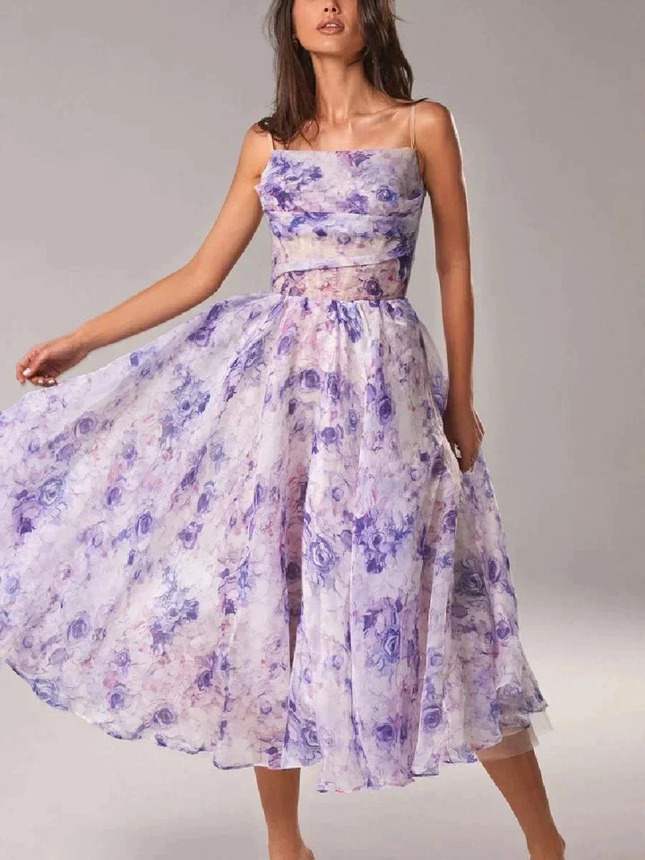 Violet strapless floral dress with full skirt, perfect for sunny days.