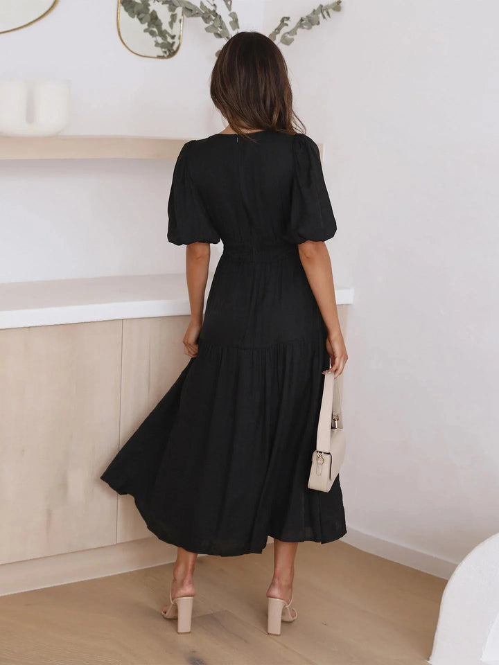 "Eira dress: Flowy silhouette with puff sleeves, elastic waist. Lightweight fabric perfect for casual outings or everyday…