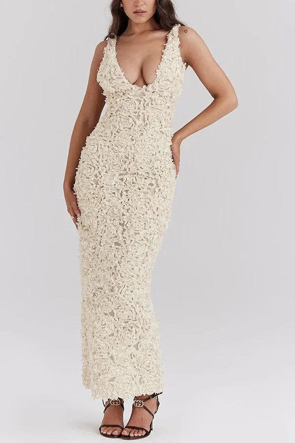 "White textured backless maxi dress for women, showcasing elegance and modern design."