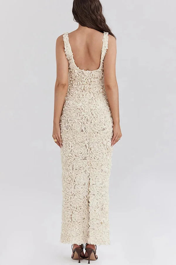 White textured backless maxi dress for women with an elegant design, perfect for warm weather.